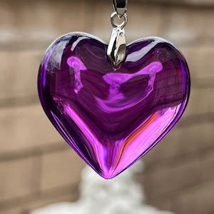 Purple Heart Necklace, Big Purple Glass Heart Pendant, Puff Charm Necklace With Black Leather ...