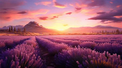 Lavender Flower Field in Bloom at Sunset. Rows of Flowers. Golden Hour Stock Image - Image of ...