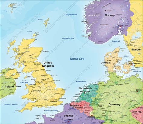 Countries around the North Sea Digital Political Map 837 | The World of Maps.com