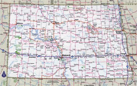 Large detailed roads and highways map of North Dakota state with national parks and cities ...