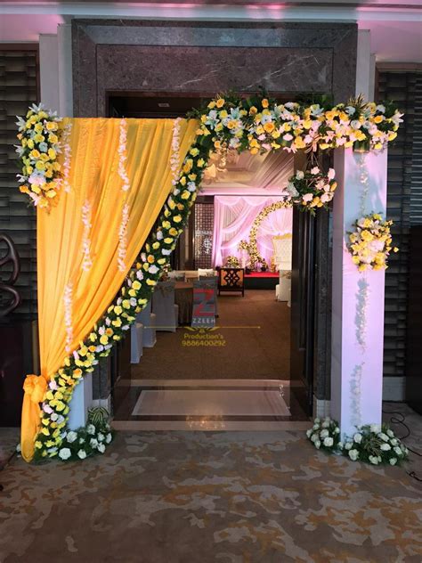 Yellow Entrance Arch | Wedding entrance decor, Wedding stage decorations, Simple stage decorations