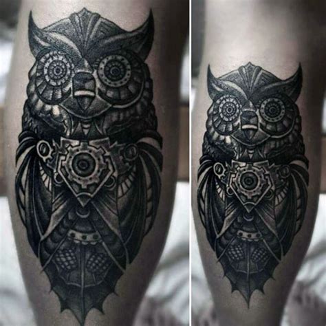 3D mystical very detailed mechanical owl tattoo on leg - Tattooimages.biz