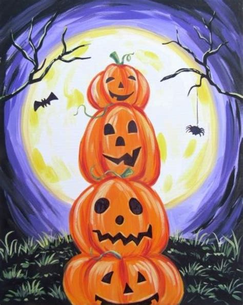 a painting of pumpkins stacked on top of each other in front of a full moon