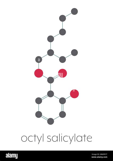 Octyl salicylate (octisalate) sunscreen molecule (UV filter). Stylized skeletal formula ...