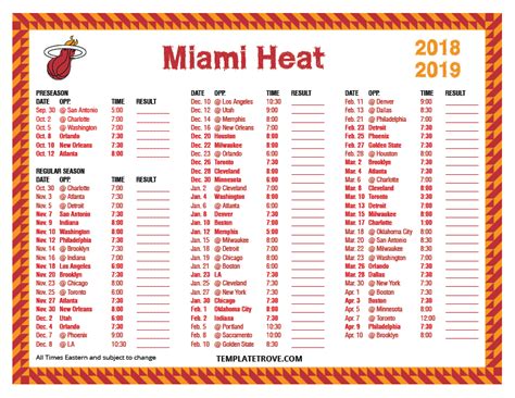 Printable 2018-2019 Miami Heat Schedule