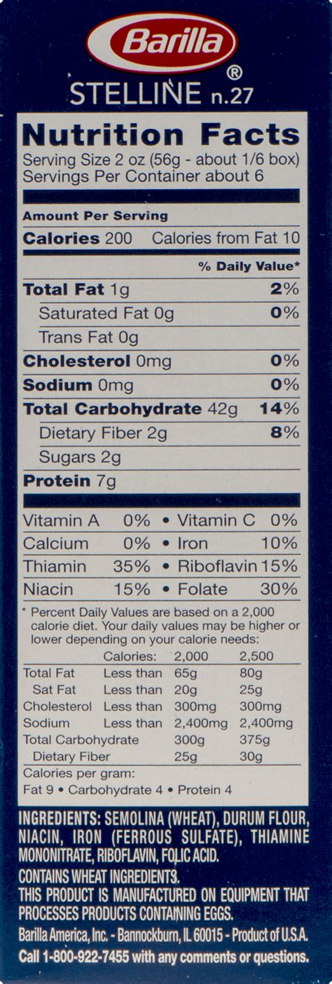 barilla pasta nutrition facts