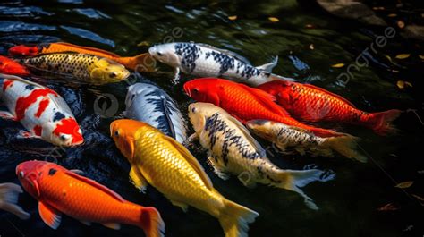 Group Of Colorful Koi Fish In A Pond Background, A Group Of Colorfully Swimming Carp, Hd ...