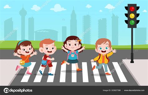 Kids cross the road vector illustration Stock Vector Image by ©colorfuelstudio #303827396