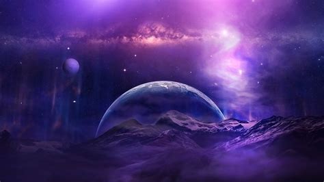 Download Purple Sky Night Mountain Galaxy Moon Planet Star Sci Fi Space HD Wallpaper by Nikos23