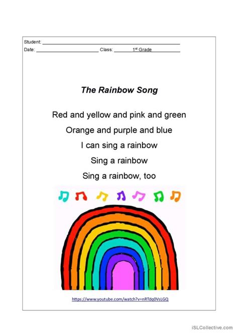 English Worksheets The Rainbow Colors Song