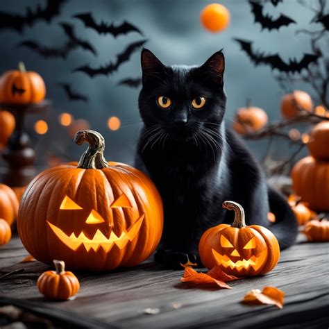 Premium AI Image | black cat and orange pumpkins mystical picture ...