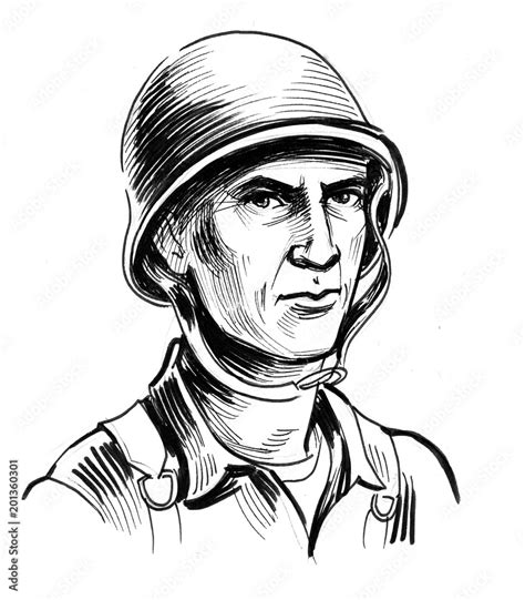 Ink black and white drawing of a World War 2 American soldier in helmet Stock Illustration ...