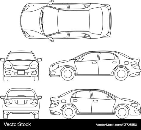 Outline sedan car drawing in different Royalty Free Vector