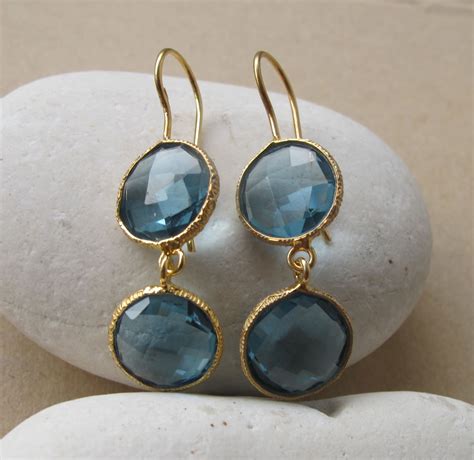 London Blue Topaz Long Dangle Earring- Blue Two Stone Drop Earrings- Dark Blue Quartz Earring ...