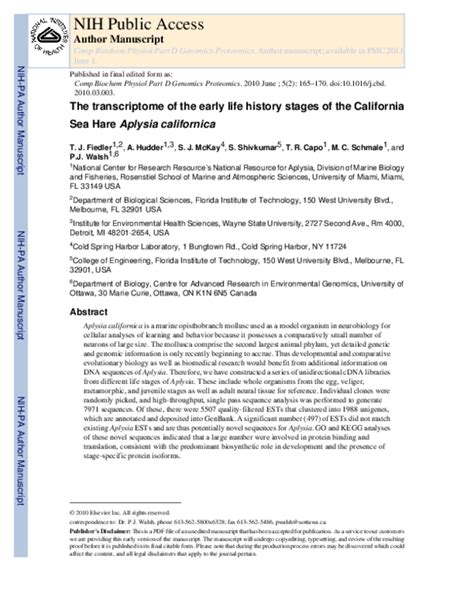 (PDF) The transcriptome of the early life history stages of the California Sea Hare Aplysia ...