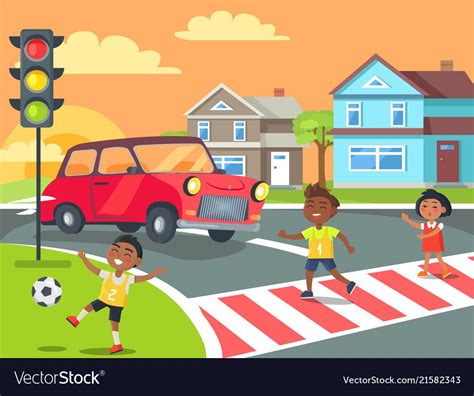 Children playing and crossing road Royalty Free Vector Image | Kids safety poster, Drawing ...