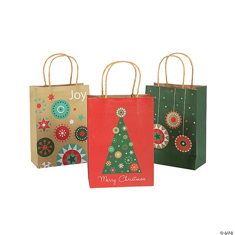 Medium Christmas Kraft Paper Gift Bags - 12 Pc.