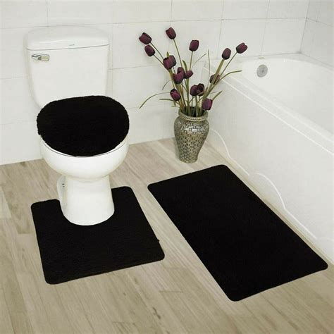 3 Piece LUXURY PLUSH® Black Soft Bathroom Bath Mat Set Extra Absorbent ...