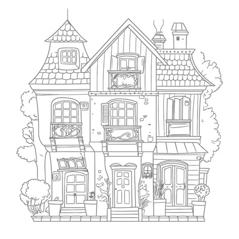 House Coloring Page With Fancy Buildings And Trees Outline Sketch Drawing Vector, Architectural ...