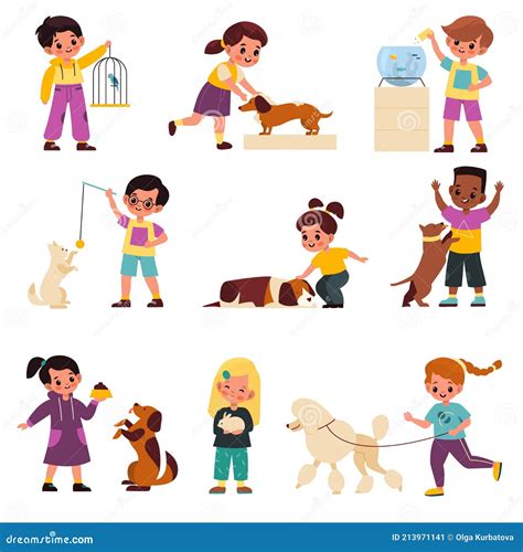 Kids With Pets. Happy Cartoon Children Characters With Adopted Home ...