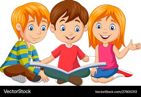 Cartoon happy kids reading a book Royalty Free Vector Image