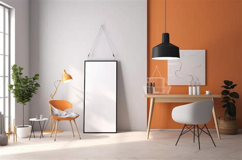 Premium AI Image | A white and orange room with a white chair and a picture frame on the wall.