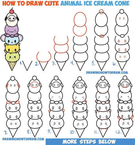 How to Draw Cute Kawaii Animals Stacked in Ice Cream Cone Easy Step by Step Drawing Tutorial for ...