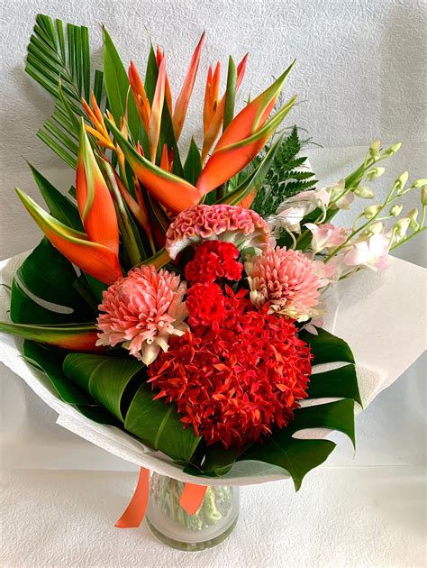 Modern style bouquet with bright colourful flowers. Designed in Kununurra.