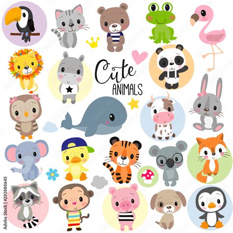 Cute Cartoon Animals on a white background Stock Vector | Adobe Stock