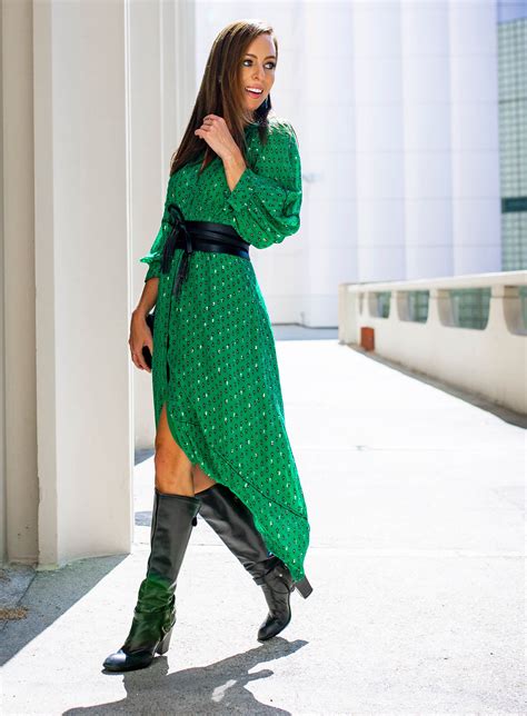 Sydne Style wears bash green dress and black boot for fall outfit ideas ...