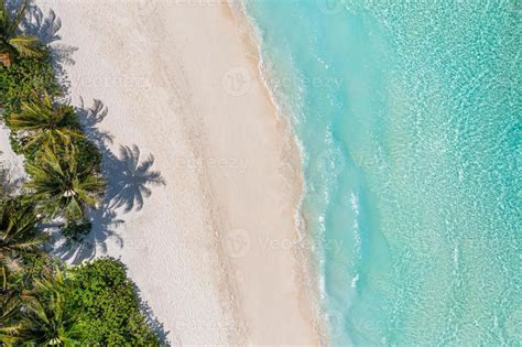 Aerial top view on sand beach. Tropical beach with white sand turquoise sea, palm trees under ...