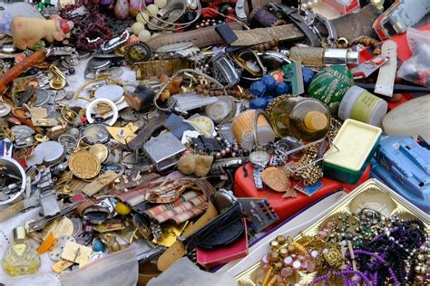 Various Things on the Counter of the Flea Market, Jewelry and Various Containers Editorial Photo ...