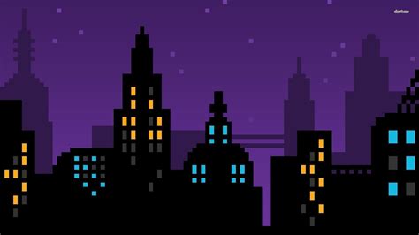 pixel art, Pixels, Purple, Skyline, Cityscape, City, Blue, Yellow ...