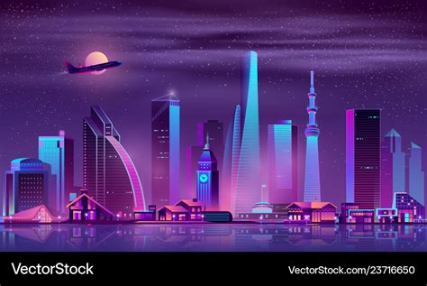 Modern city at night cartoon background Royalty Free Vector