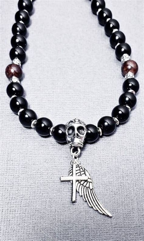 Men's Skull Necklace| Men's Beaded Necklace| Men's Black Obsidian ...