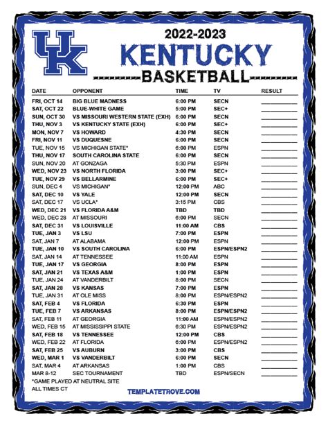 Printable 2022-2023 Kentucky Wildcats Basketball Schedule