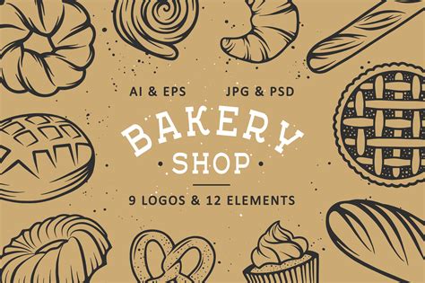 bakery shop logos and emblems with hand drawn bread, pies, loaves