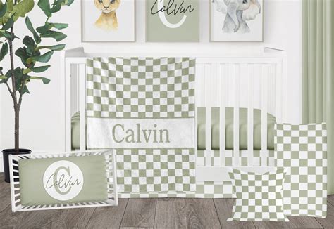 Baby Bedding Checkered, Green Plaid Crib Bedding Set, Celery Green Baby Name Nursery Crib ...