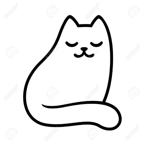 Cartoon white cat drawing with closed eyes. Simple and minimal sitting sleeping cat doodle, cute ...