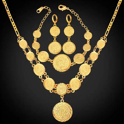 Coin Necklace Bracelet Earrings Women Muslim Arab Money Sign Gold Color Middle Eastern / African ...