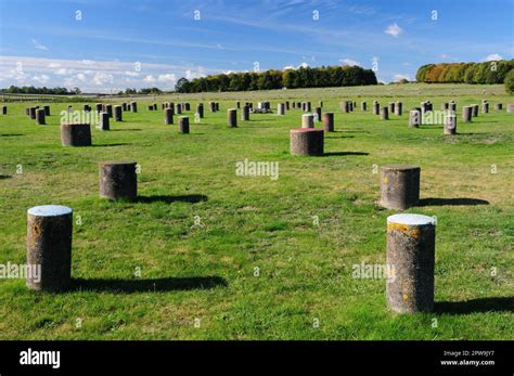 Woodhenge, the site of a prehistoric timber circle associated with Stonehenge. Concrete pillars ...