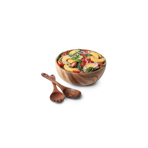 Acacia Wood Salad Bowl With Servers Set Large 10 Inches Hardwood Salad ...