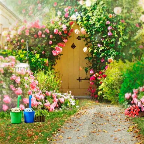 Romantic Spring Flower Market Garden Backdrop For Wedding Photography With Pink Roses And Green ...