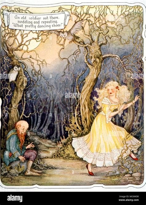 FAIRY TALES - THE RED SHOES. The Old Soldier admires the red shoes. Illustration by Doren Baxter ...