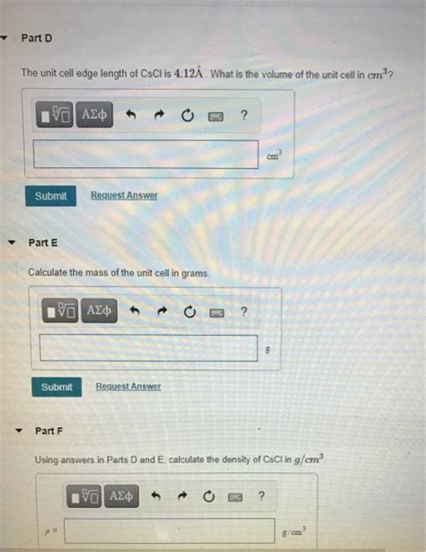 Solved Part D The unit cell edge length of CsCl is 4.12Å. | Chegg.com