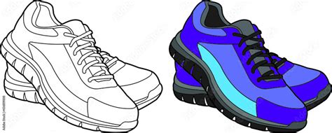 pair of sneakers running shoes vector drawing line art and colored Stock Vector | Adobe Stock