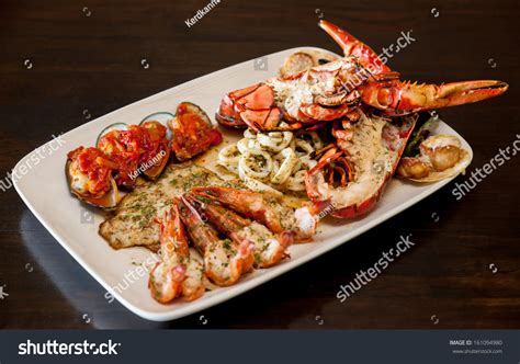 Grilled Red Lobster And Seafood On Platter. Stock Photo 161094980 : Shutterstock