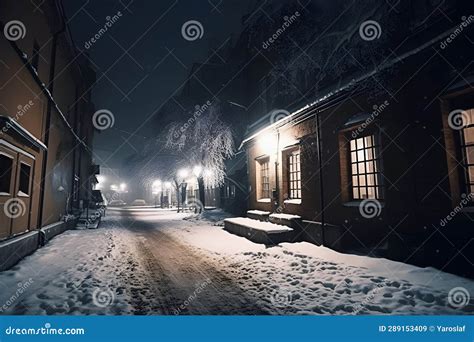 Small Cozy Street of Winter Town with Lanterns Falling Snow Town Night Landscape Stock Image ...