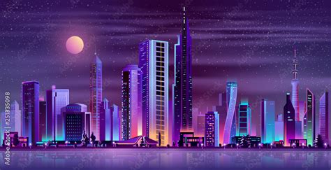 Metropolis night skyline with illuminated skyscrapers, cottage houses or public buildings on ...