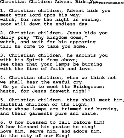 Advent Hymns, Song: Christian Children Advent Bids You, complete lyrics, and PDF